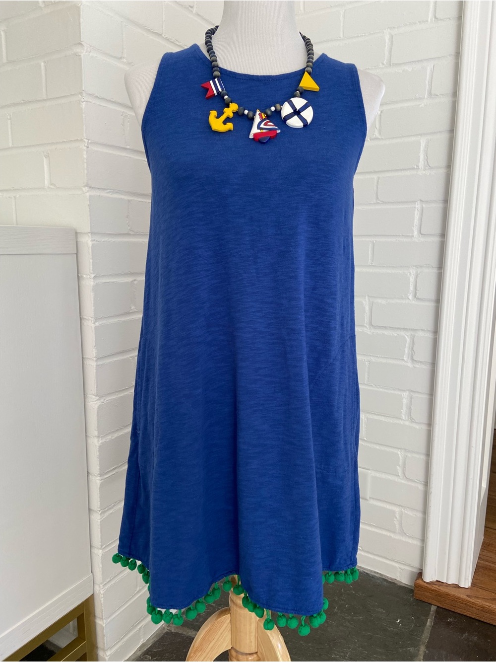 Womens Sleeveless Royal Blue Summer  Dress With Kelly green Pom Trim Size